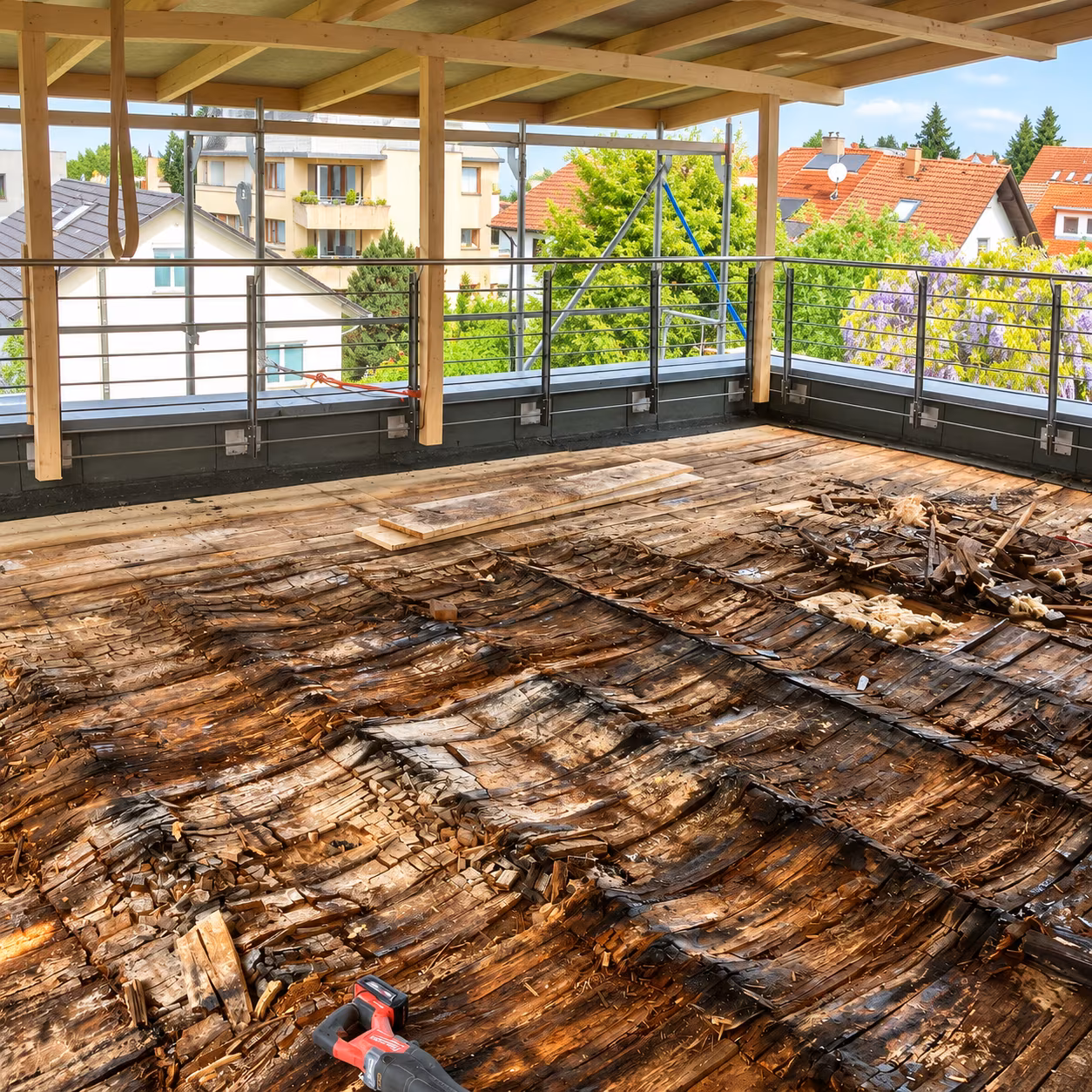 Durch Feuchtigkeit und Fäulnis zersetzte Holzkonstruktion einer Dachterrasse vor der Sanierung