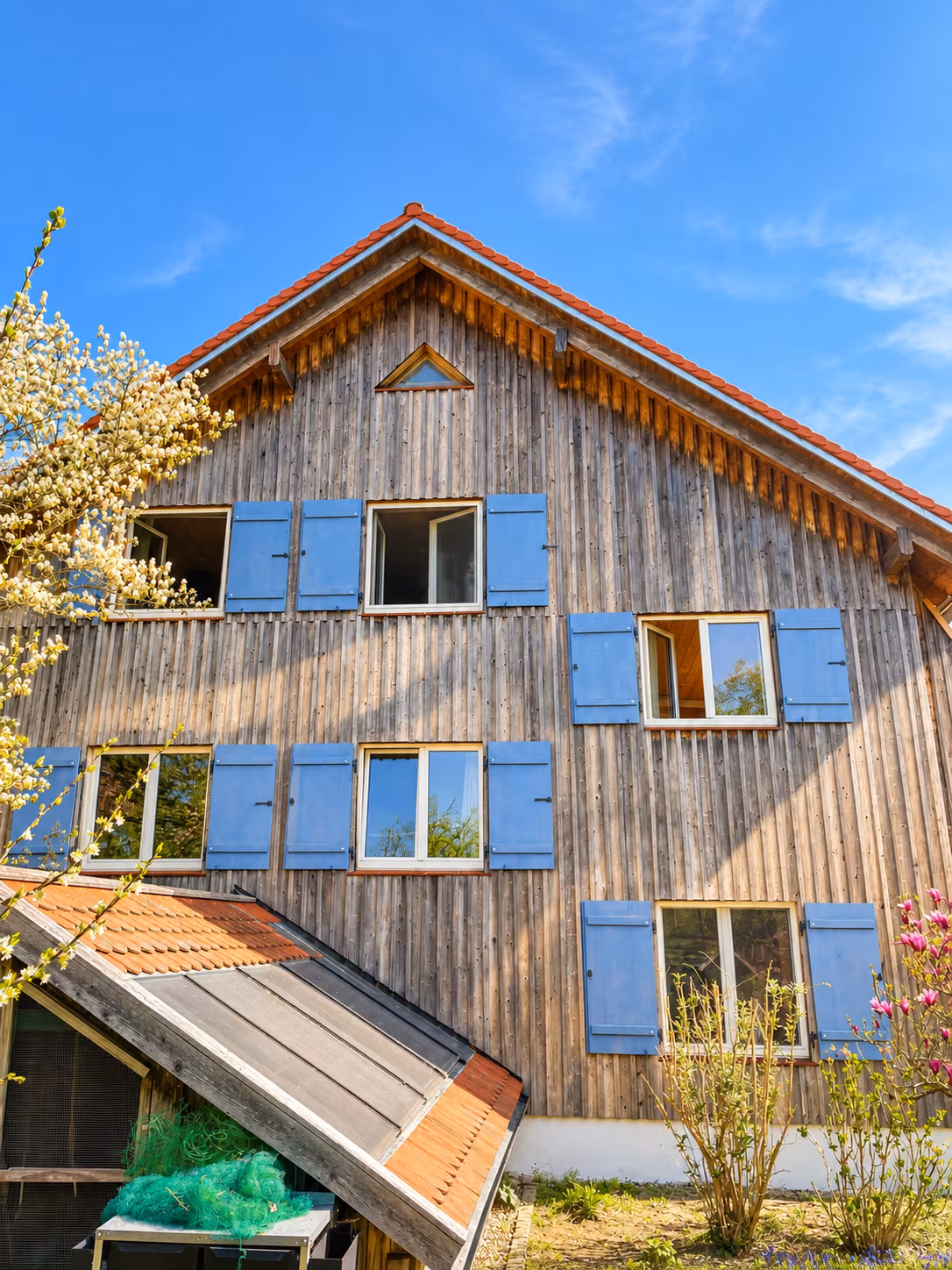 Rustikales Holzhaus mit blauen Fensterläden nach der Restaurierung